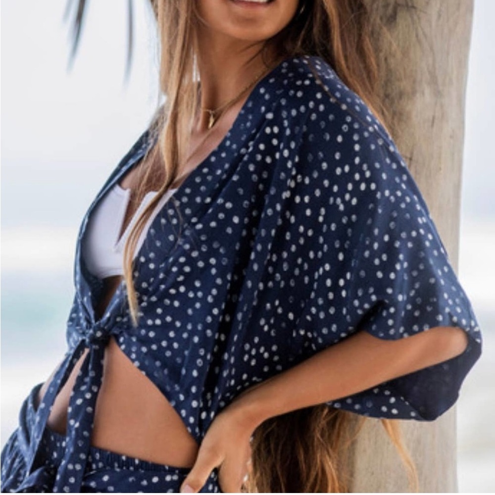 ROXY Vacation Vibes KimonoTie-Front Polka Dot Navy Blue Small